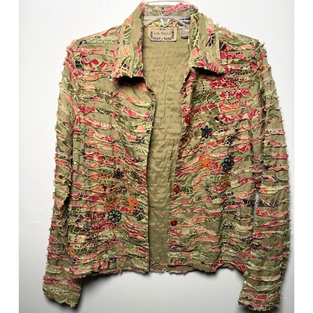 Life Style Women’s Green Pink Floral Button Front Jacket Lined Collared Short S